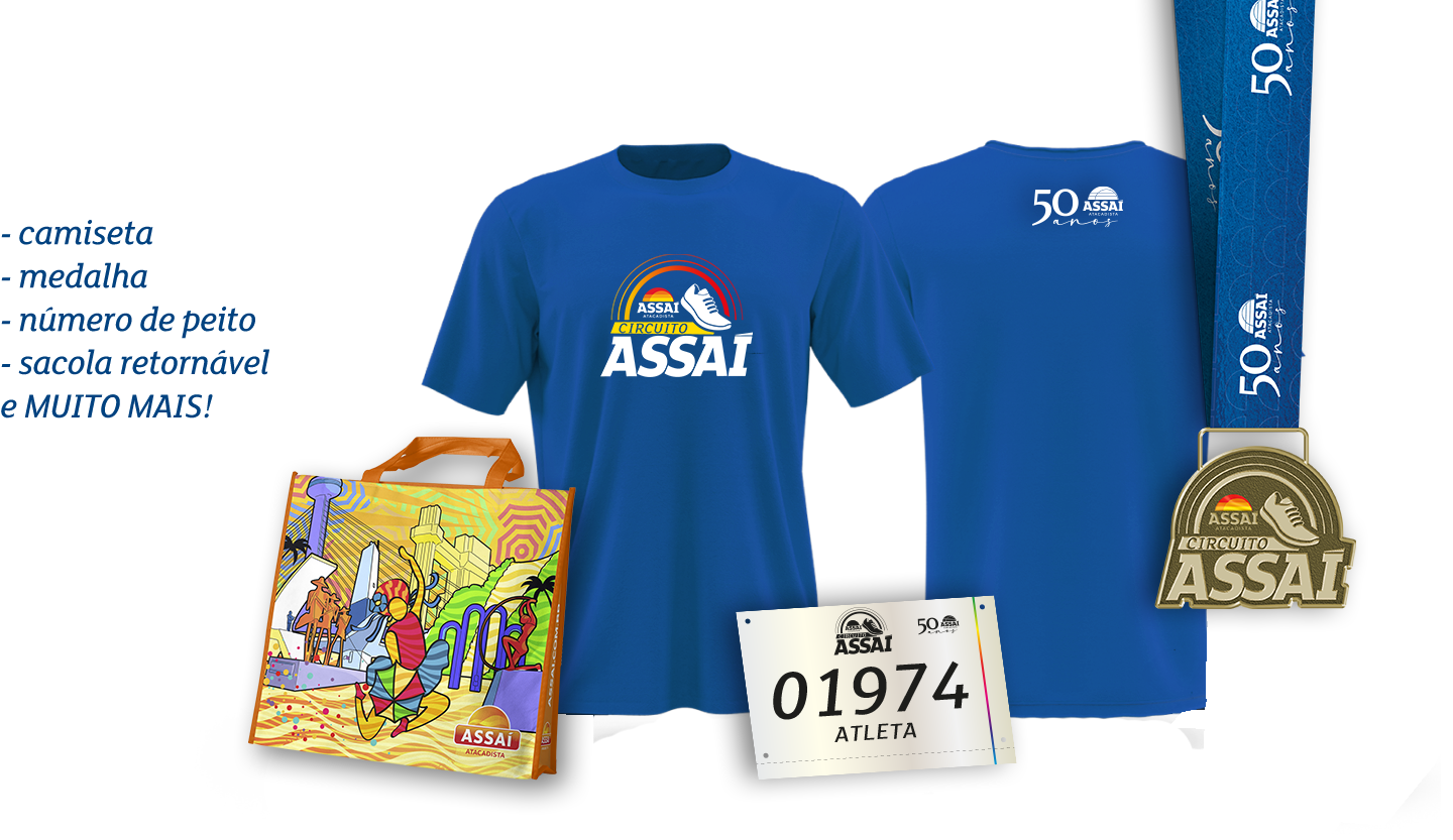 Kit do Atleta Com camiseta, medalha, número de peito e sacola retornável. Imagem meramente ilustrativa.