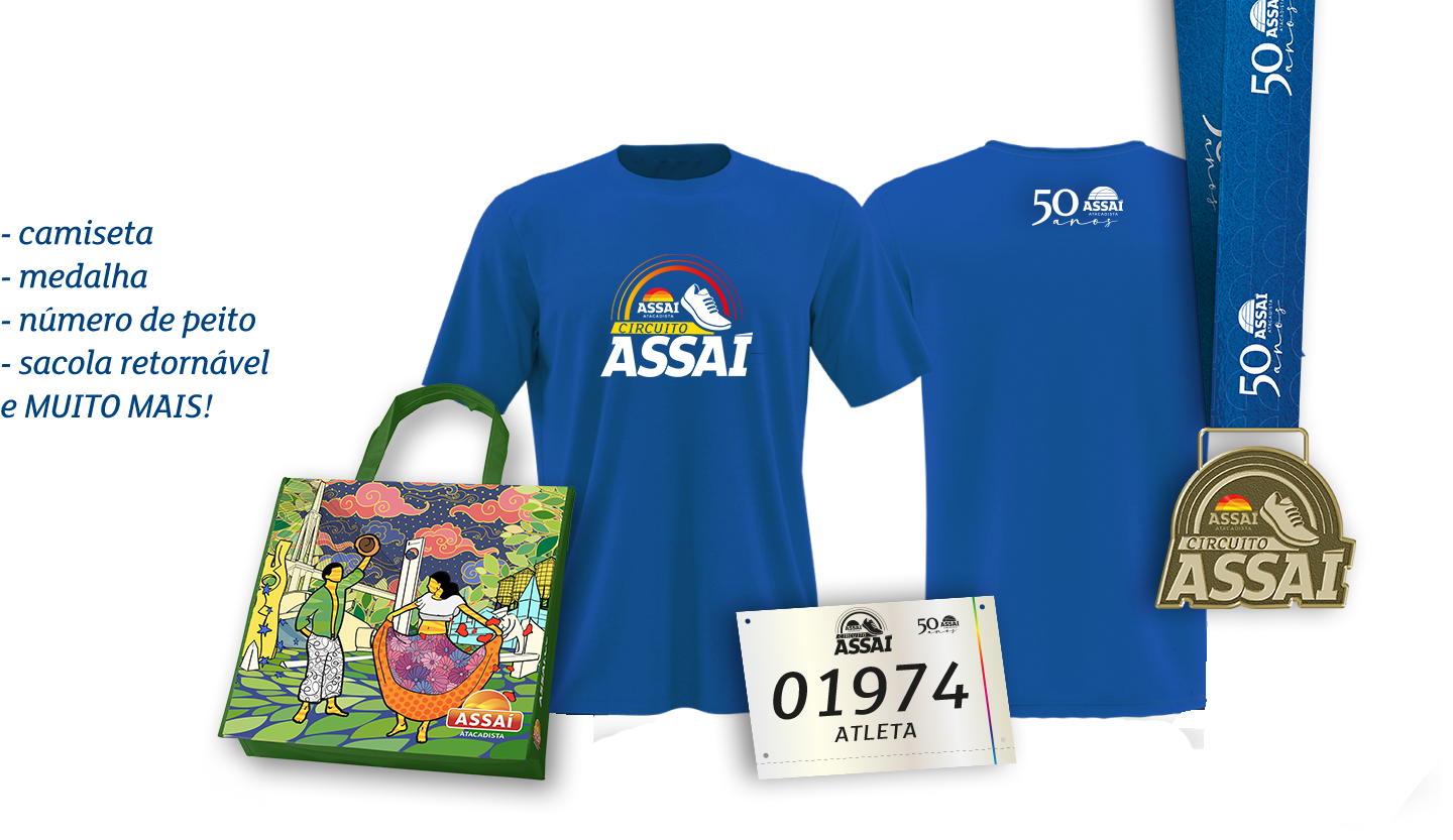 Kit do Atleta Com camiseta, medalha, número de peito e sacola retornável. Imagem meramente ilustrativa.