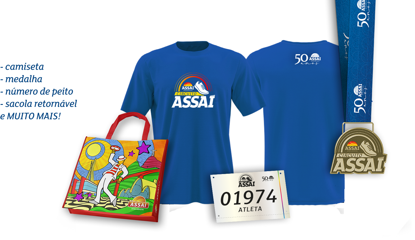 Kit do Atleta Com camiseta, medalha, número de peito e sacola retornável. Imagem meramente ilustrativa.