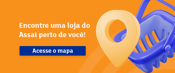 banner com ícone vetorial de um pin de localização e uma cesta de compras falando sobre lojas do Assaí Atacadista perto - Aniversário Assaí 50 Anos