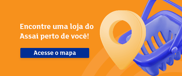 banner com ícone vetorial de um pin de localização e uma cesta de compras falando sobre lojas do Assaí Atacadista perto.