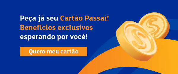 banner com moedas vetoriais em um fundo azul e laranja falando sobre os benefícios do Cartão Passaí - Assaí Atacadista - comida pronta