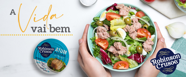 banner Robbinson Crusoe com uma lata de Atum e um prato de comida - Assaí Atacadista - alimentos seguros