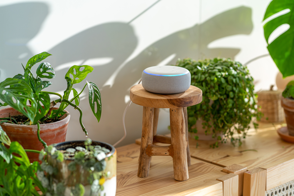 dispositivo Alexa Echo branco em um banquinho de madeira em um cenário com plantas - tecnologia para economizar - Assaí Atacadista