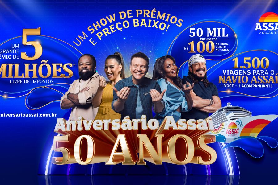 Texto alternativo: banner da campanha do Aniversário Assaí 50 Anos com as celebridades - Assaí Atacadista